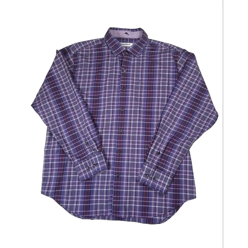 Tommy Bahama Lazlo Plaid Long Sleeve Button Shirt Men's Large Purple Cotton Silk